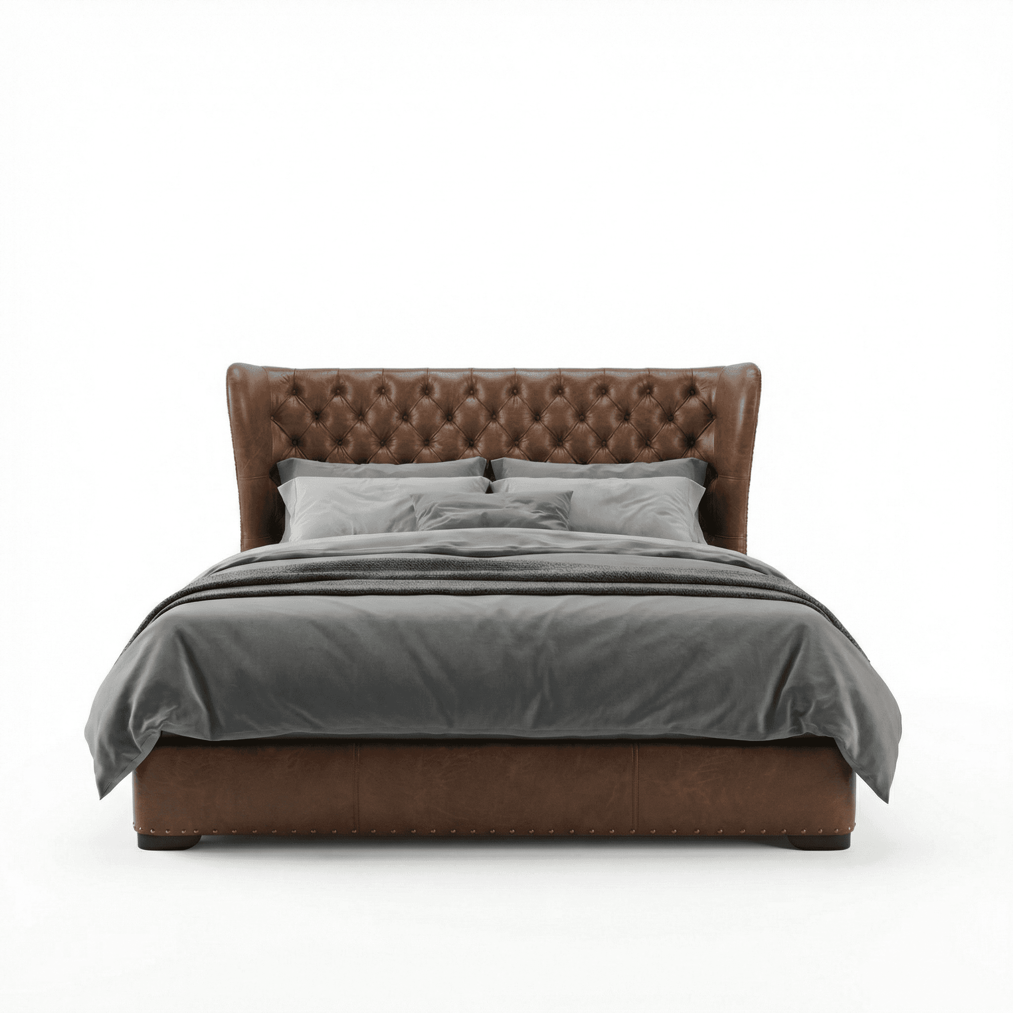 Button‑tufted upholstered bed with high headboard and compact frame depth