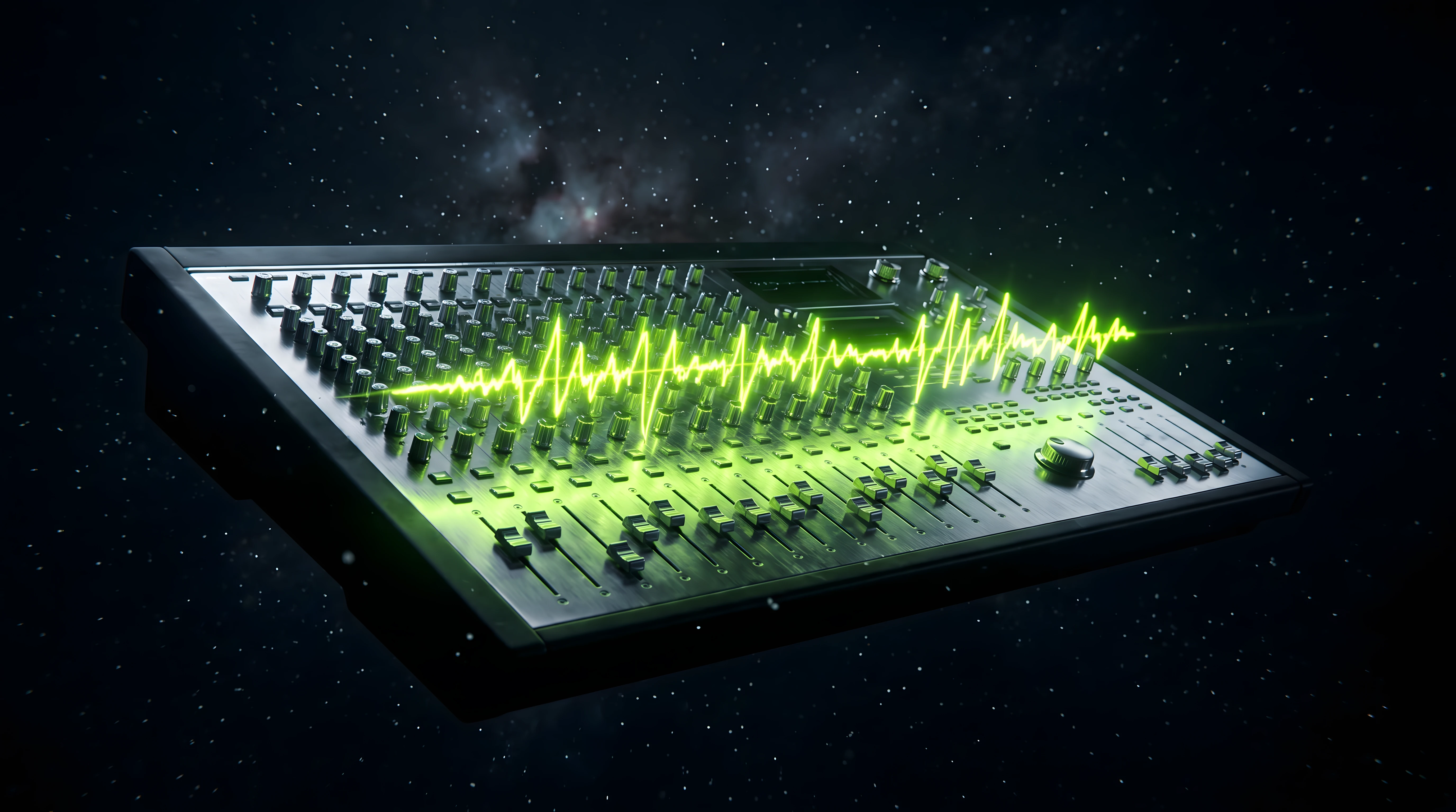 Dark studio control surface lit by toxic lime waveform lines, representing a sonic brand audit in progress on a deep void black background.