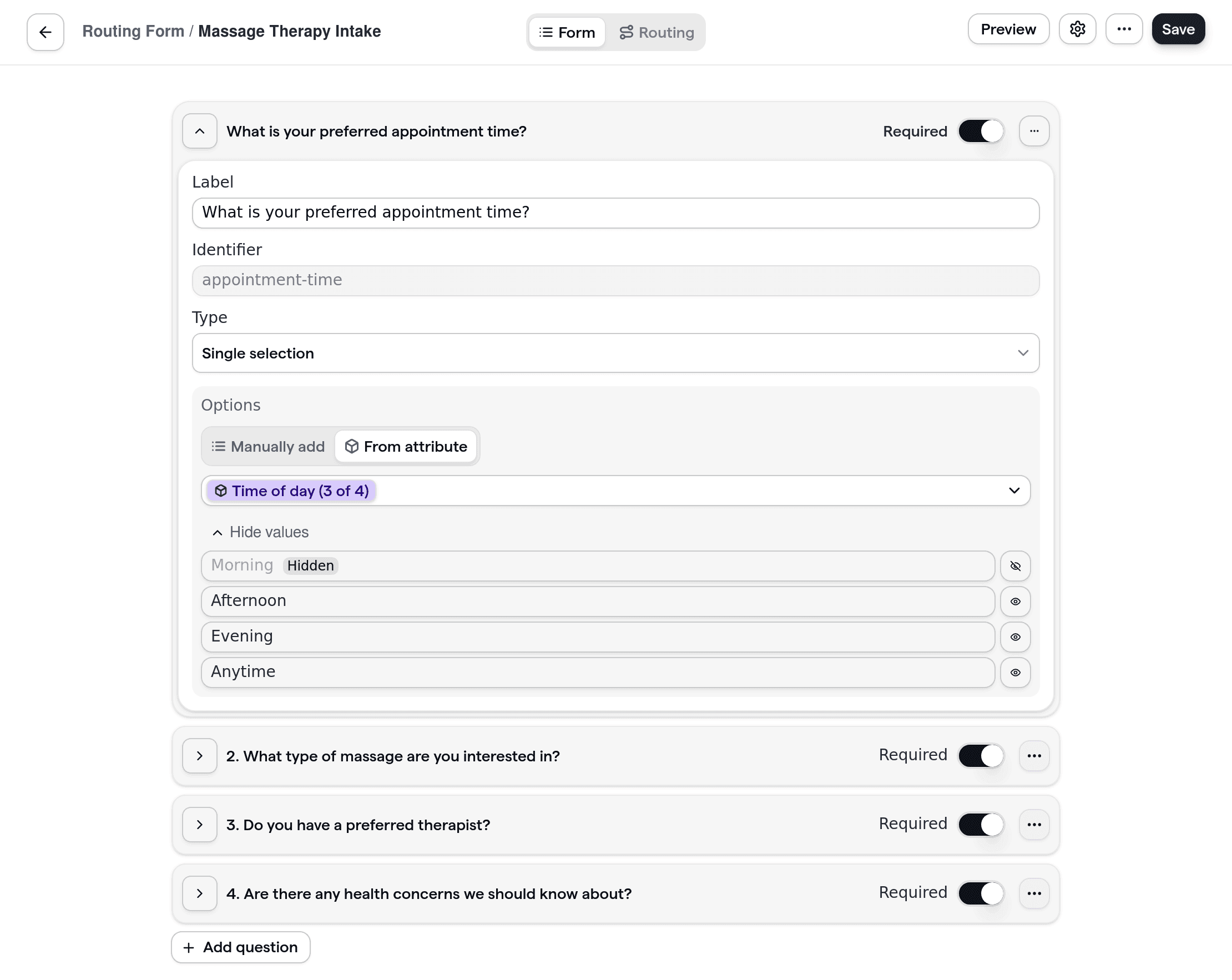 Massage therapy routing form showing client intake questions for service type, preferred therapist, and health concerns.