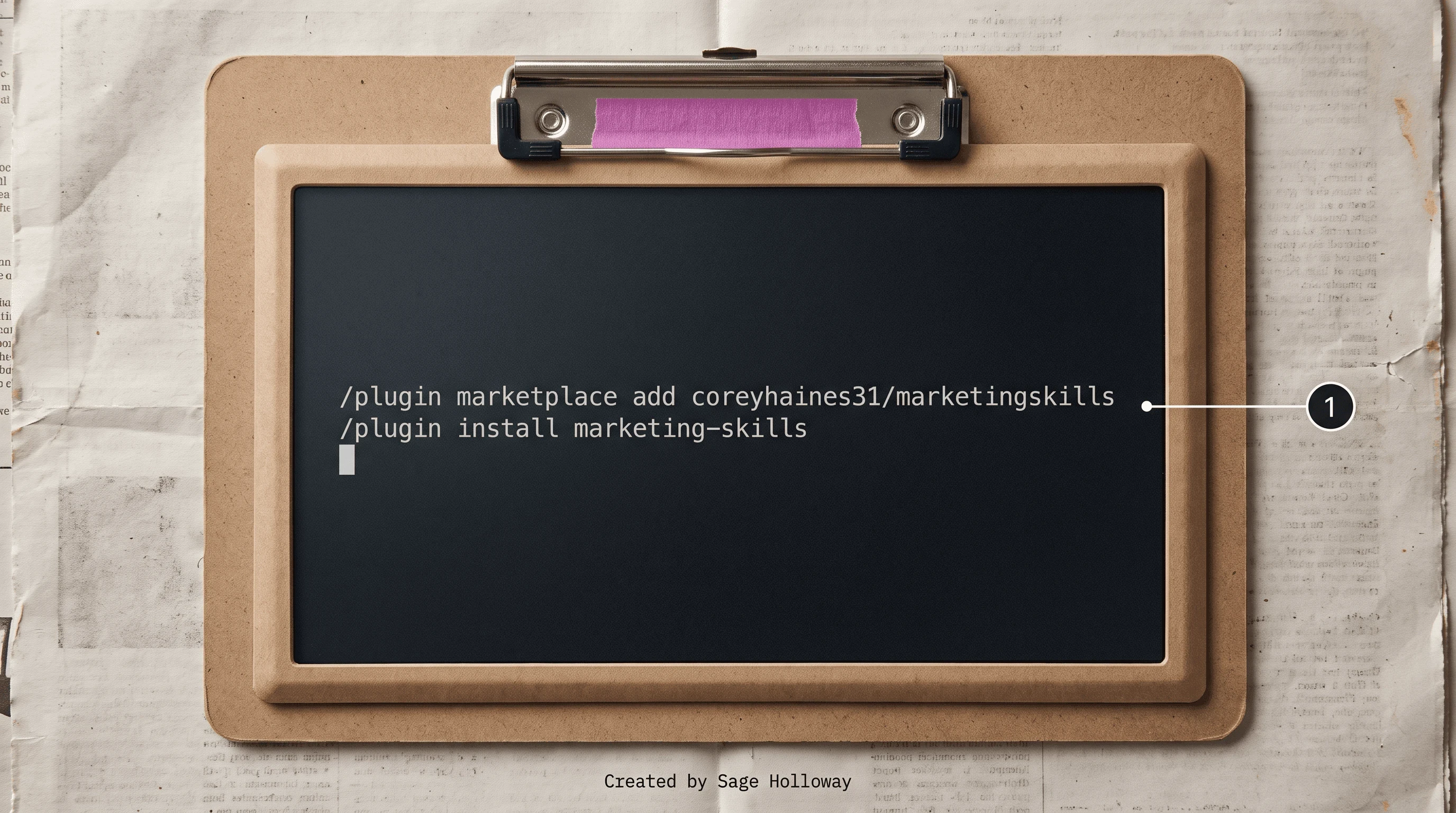 Claude Code terminal showing plugin marketplace add coreyhaines31/marketingskills and plugin install marketing-skills