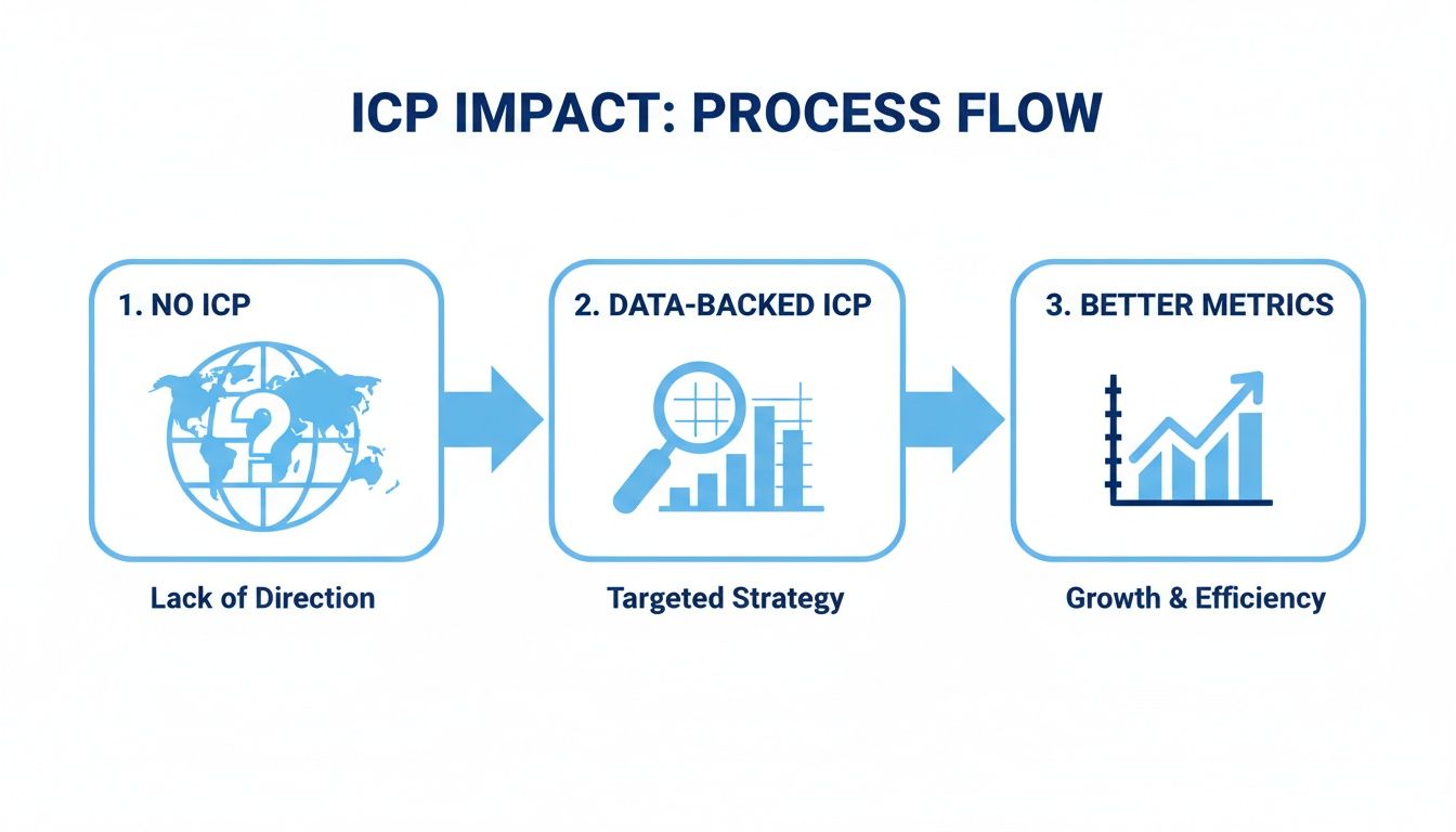 A three-step process flow showing the impact of Ideal Customer Profile (ICP) from lack of direction to growth and efficiency.