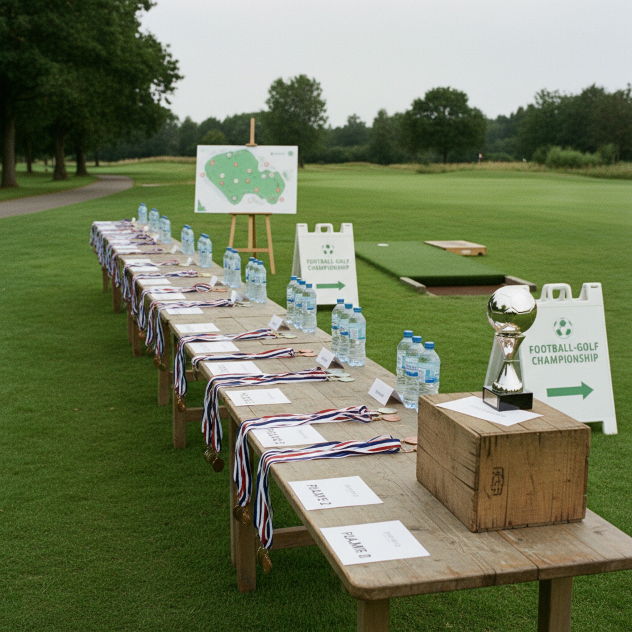 Ein vorbereiteter Eventbereich mit langen Holztischen, auf denen Medaillen, Namenskarten und Wasserflaschen ordentlich bereitliegen. Im Hintergrund steht ein kleiner Pokal auf einer Kiste. Die Stimmung ist erwartungsvoll, strukturiert und freundlich.