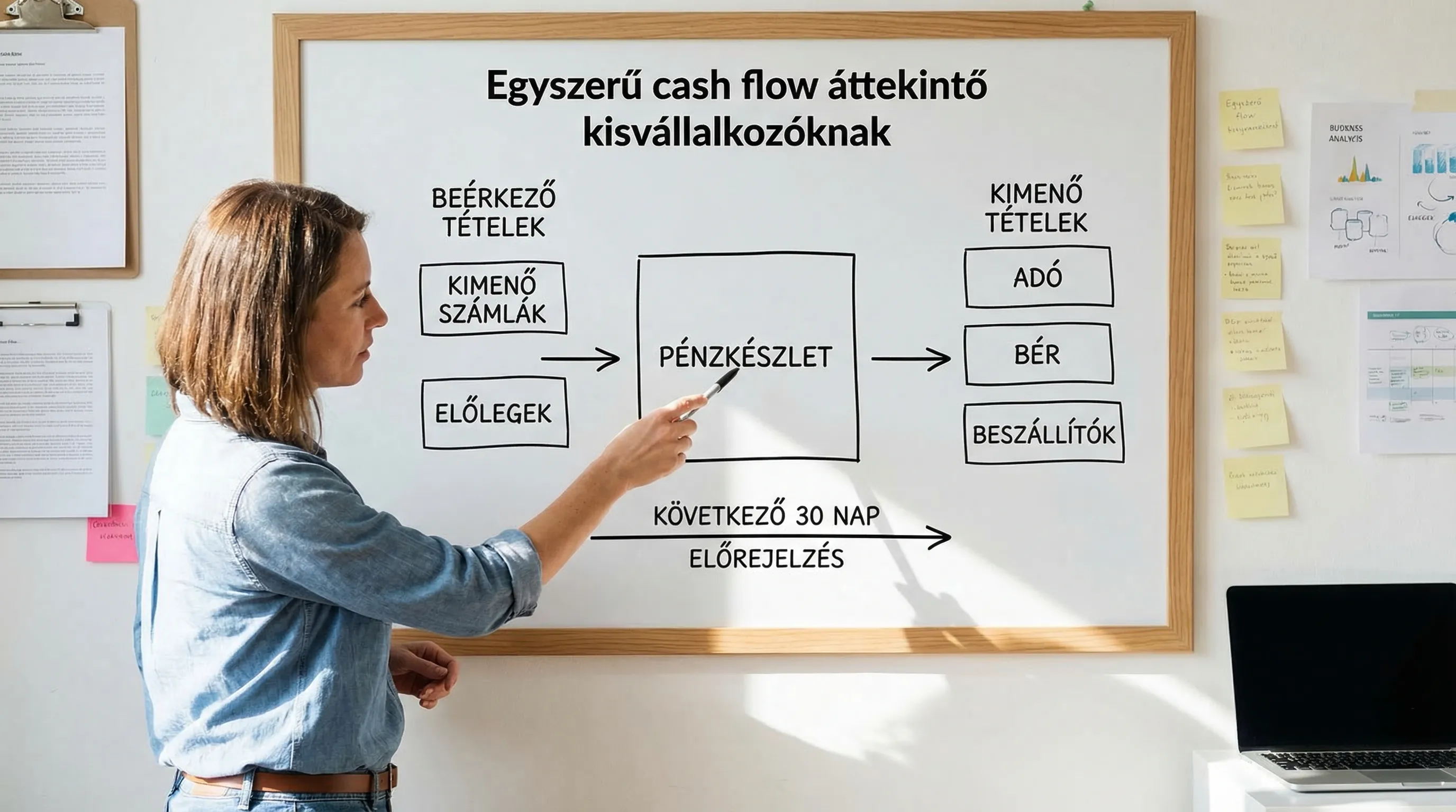 Egyszerű cash flow áttekintő ábra kisvállalkozóknak: bal oldalon beérkező tételek (kimenő számlák, előlegek), jobb oldalon kimenő tételek (adó, bér, beszállítók), középen a pénzkészlet és a következő 30 nap előrejelzése.
