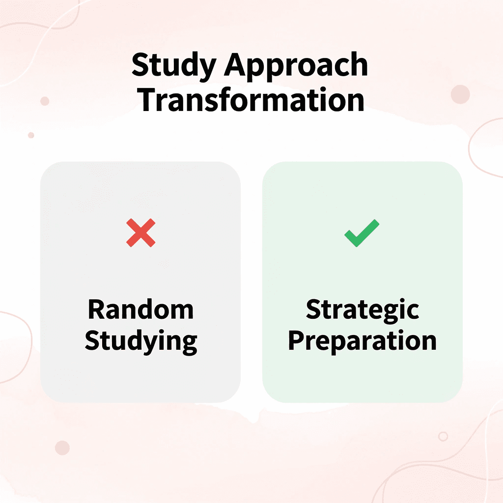 Before and after comparison showing transformation from random studying to strategic preparation