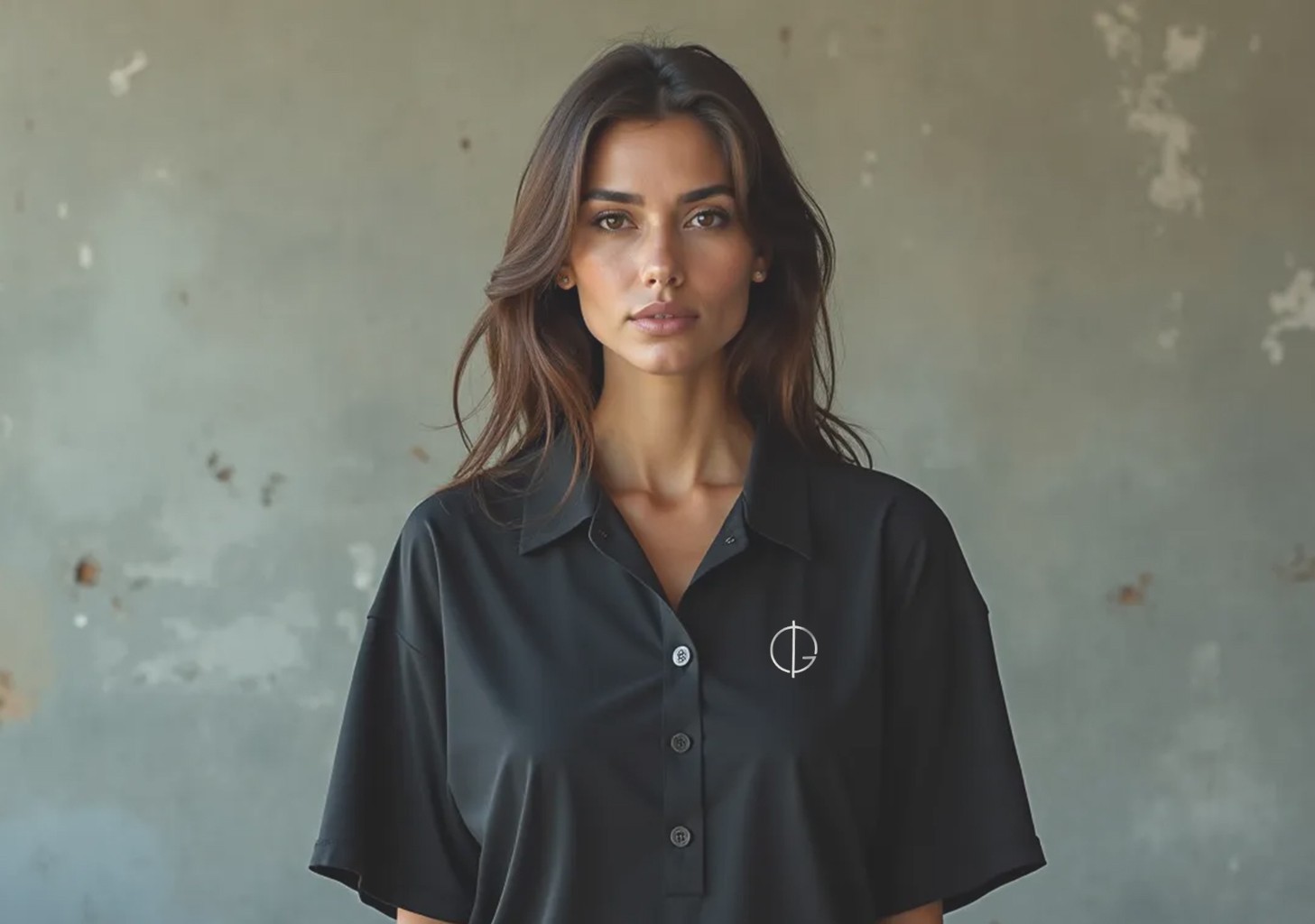 Pretty woman with black polo shirt with Domus Gusto embroidery