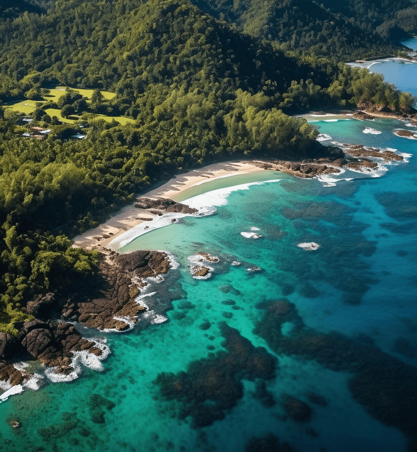 Turquoise tropical coastline with rocky coves and sandy beaches below lush green hills.