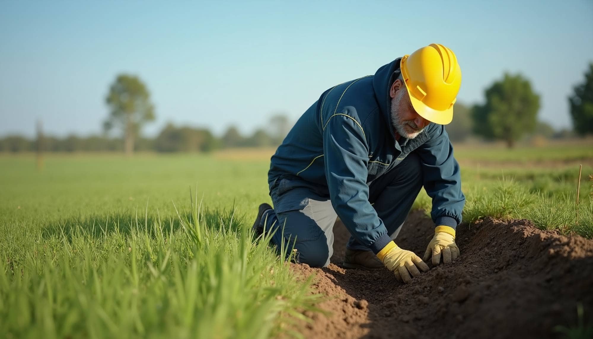 Un homme avec un casque de sécurité jaune et des gants de travail s'agenouille dans un champ pour manipuler de la terre fraîchement creusée. Il porte une veste et un pantalon de travail, indiquant un travail de terrain dans un environnement agricole ou naturel sous un ciel lumineux.