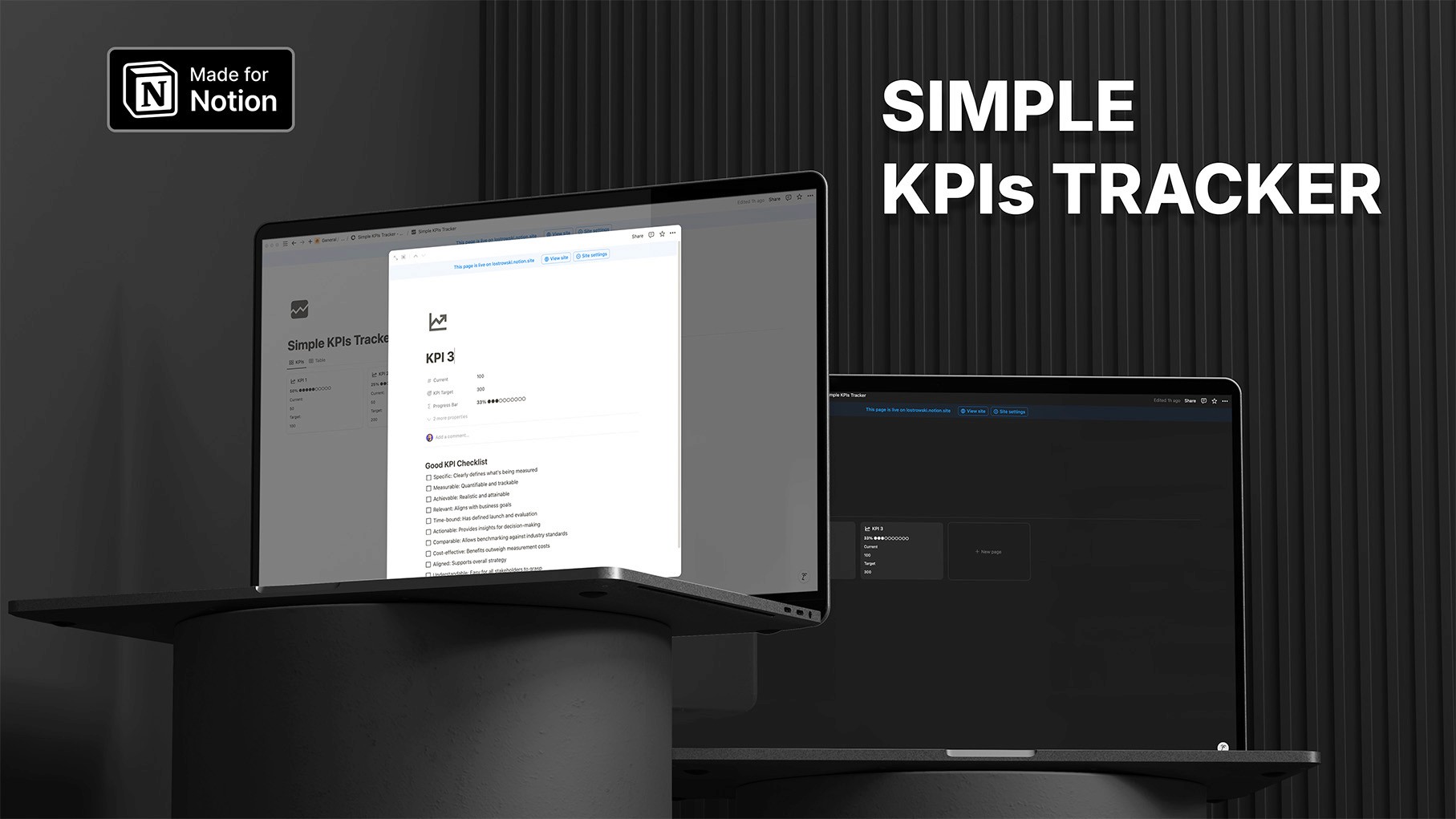 Simple KPIs Tracker Notion template displayed on two laptops. Left screen shows KPI details and checklist, right screen dark mode interface. Sleek design for efficient performance tracking in Notion.