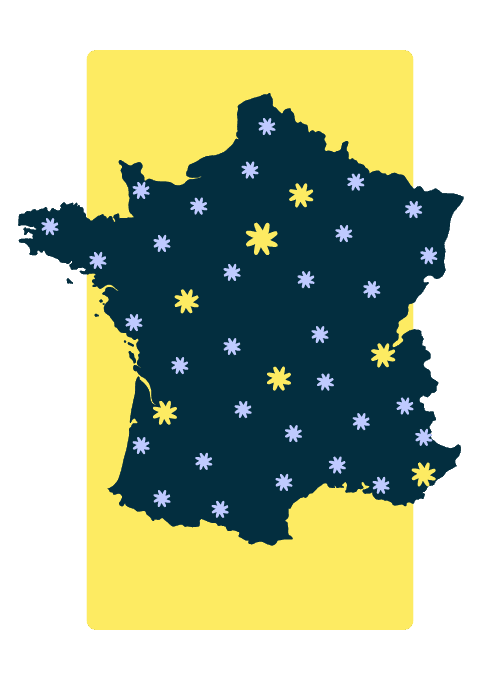 Carte de la france qui montre le reseau Poweredy by Solarock ainsi que toutes ses installateurs photovoltaïques locaux