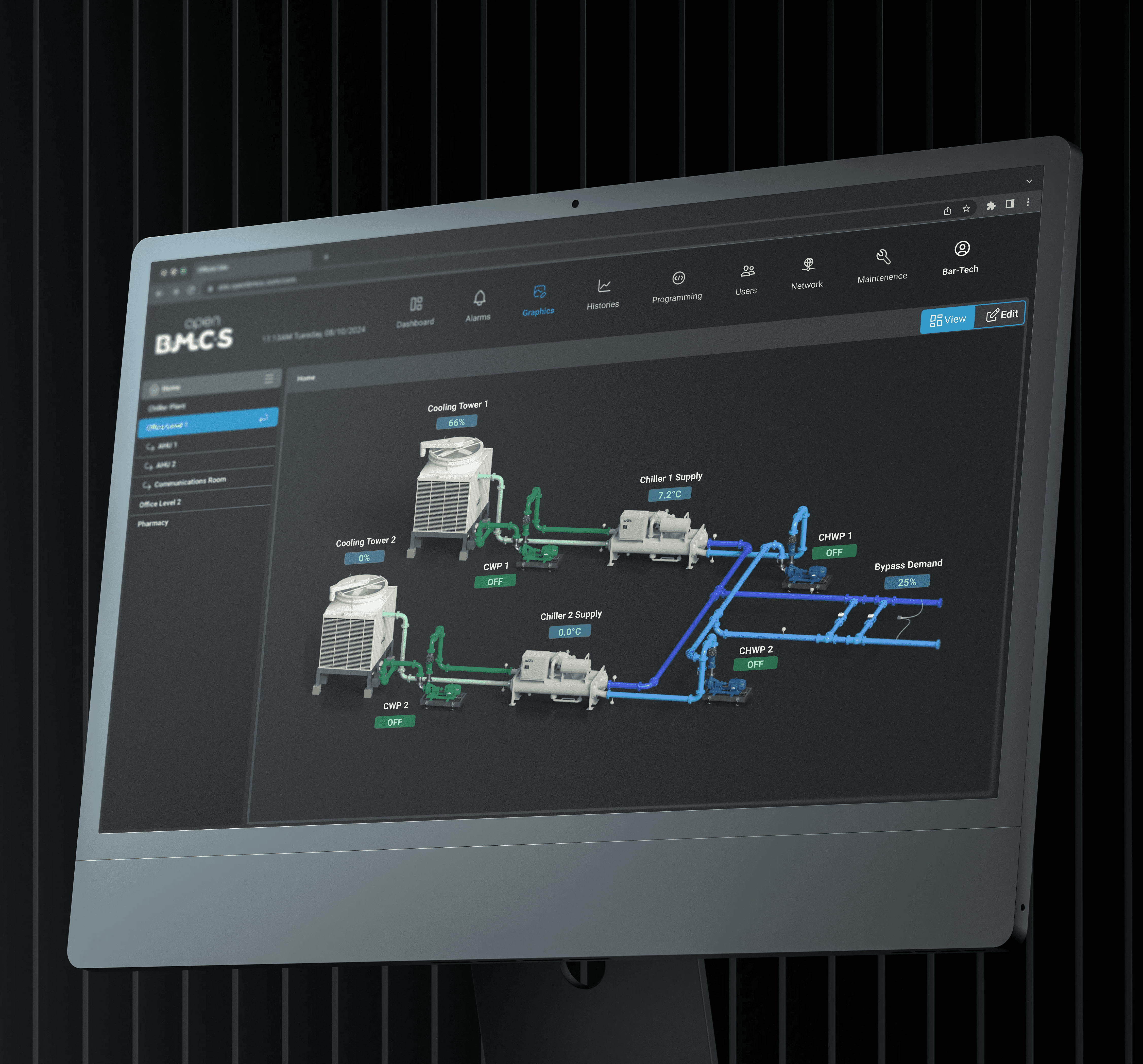 A monitor displaying a chilled water system page from the OpenBMCS Building Management System, showcasing a detailed schematic with interactive controls and system information.