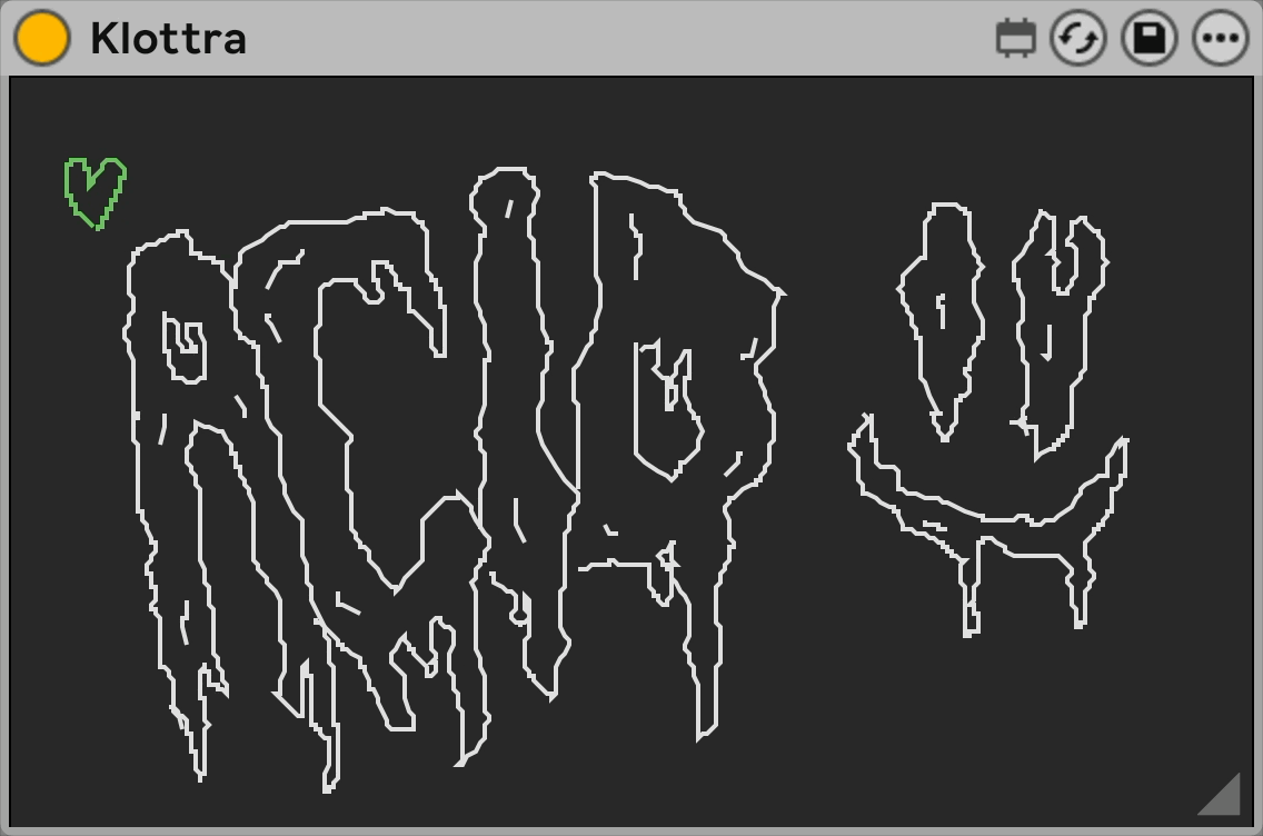 Klottra Max for Live device showing a hand-drawn ‘ACID’ doodle animated on the canvas in Ableton Live.