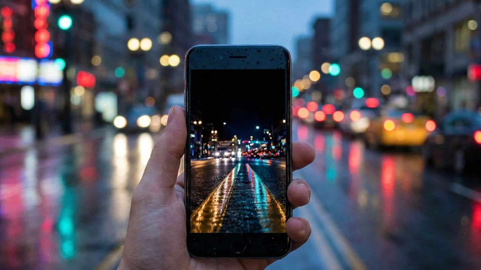 city lights reflected on smartphone screen