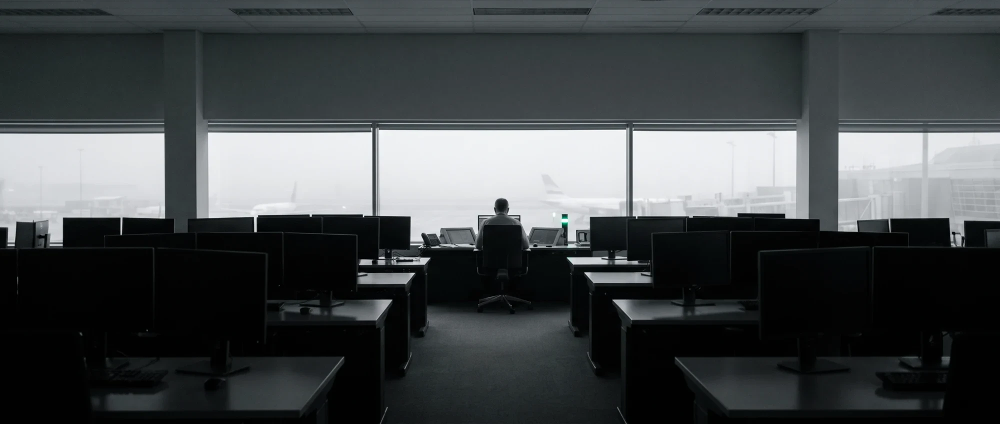 An airport operations control centre at dawn, one person at a single occupied desk, rows of dark monitors, fog on the apron beyond the windows.