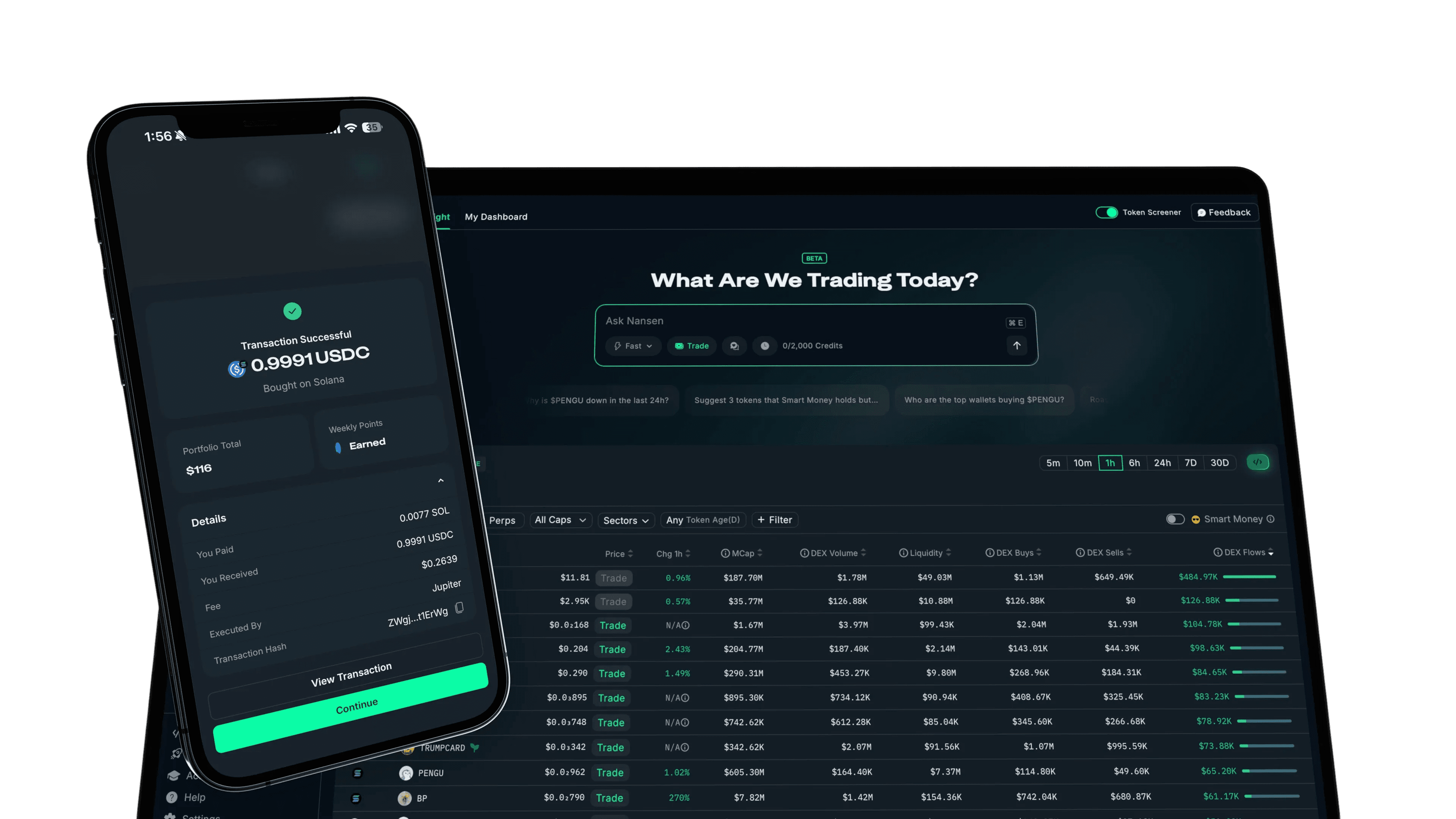 Crypto trading interface on mobile device - On-Chain Transactions 
