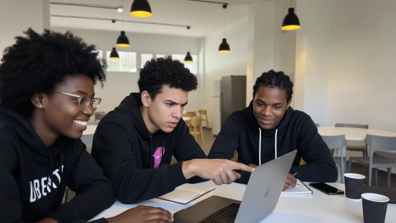 Texte ALT : "Trois étudiants de l'ICEA Martinique collaborant sur un projet numérique, illustrant une formation universitaire qui développe l'employabilité et l'engagement dans la société caribéenne