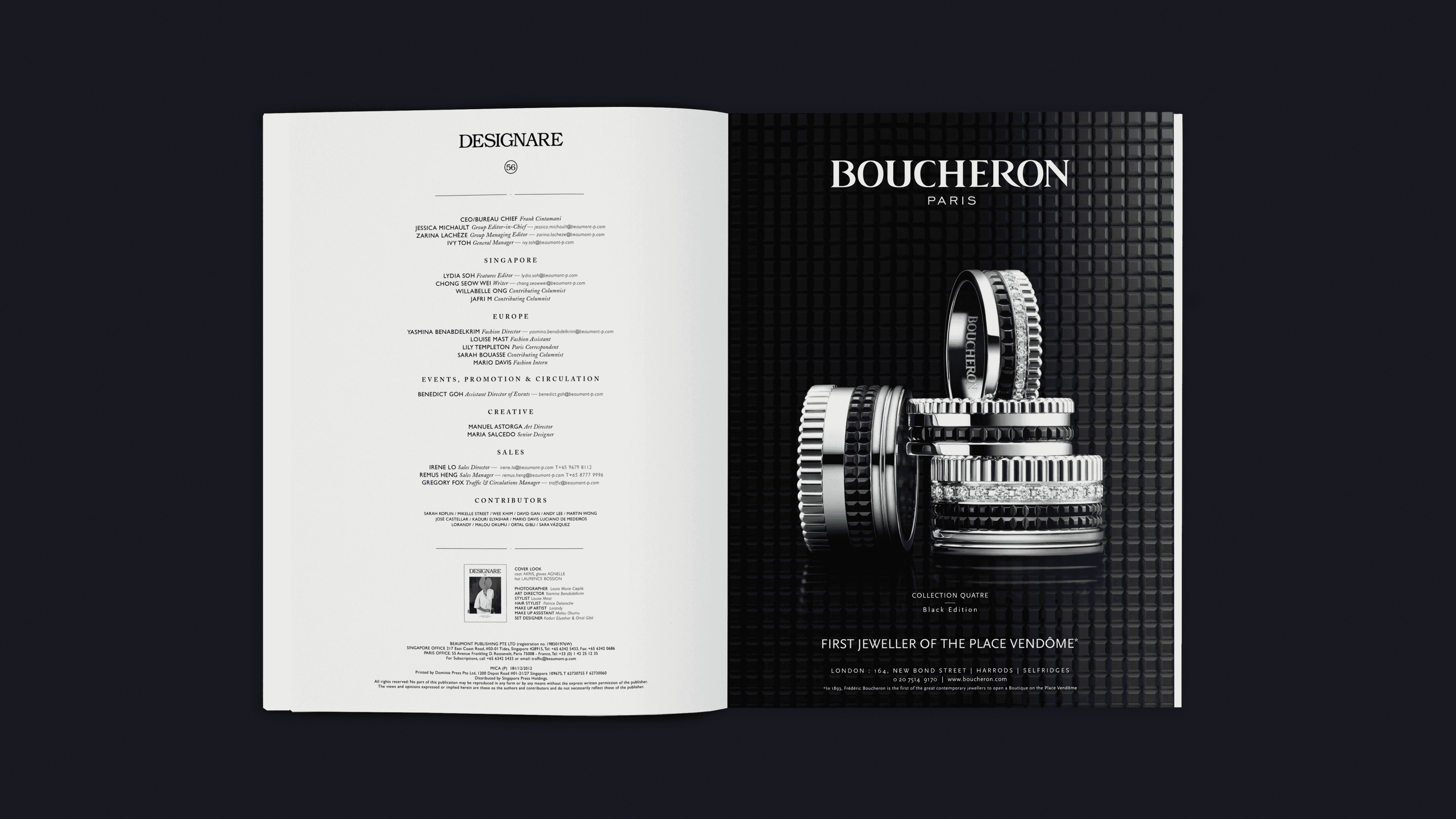 Editorial credits page design, showcasing refined typography and brand hierarchy.