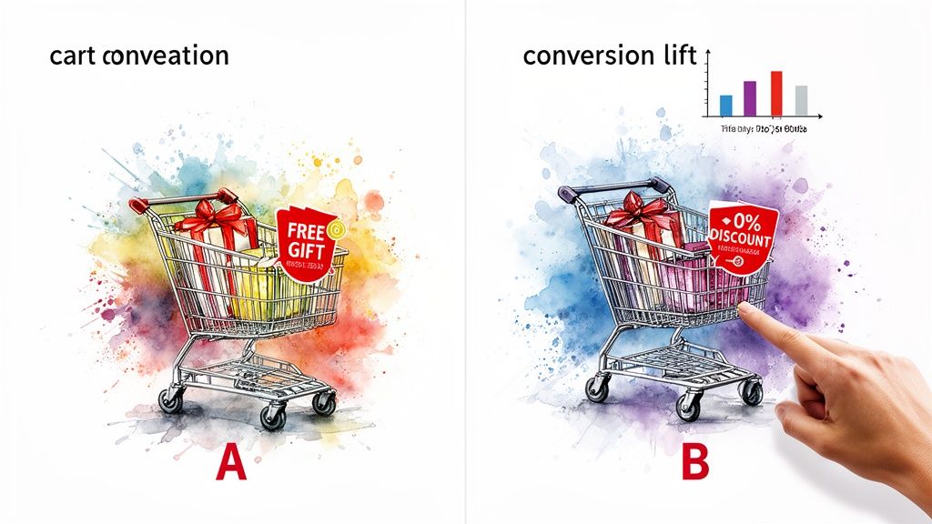 Two shopping carts comparing 'Free Gift' and '0% Discount' offers for conversion rate optimization.