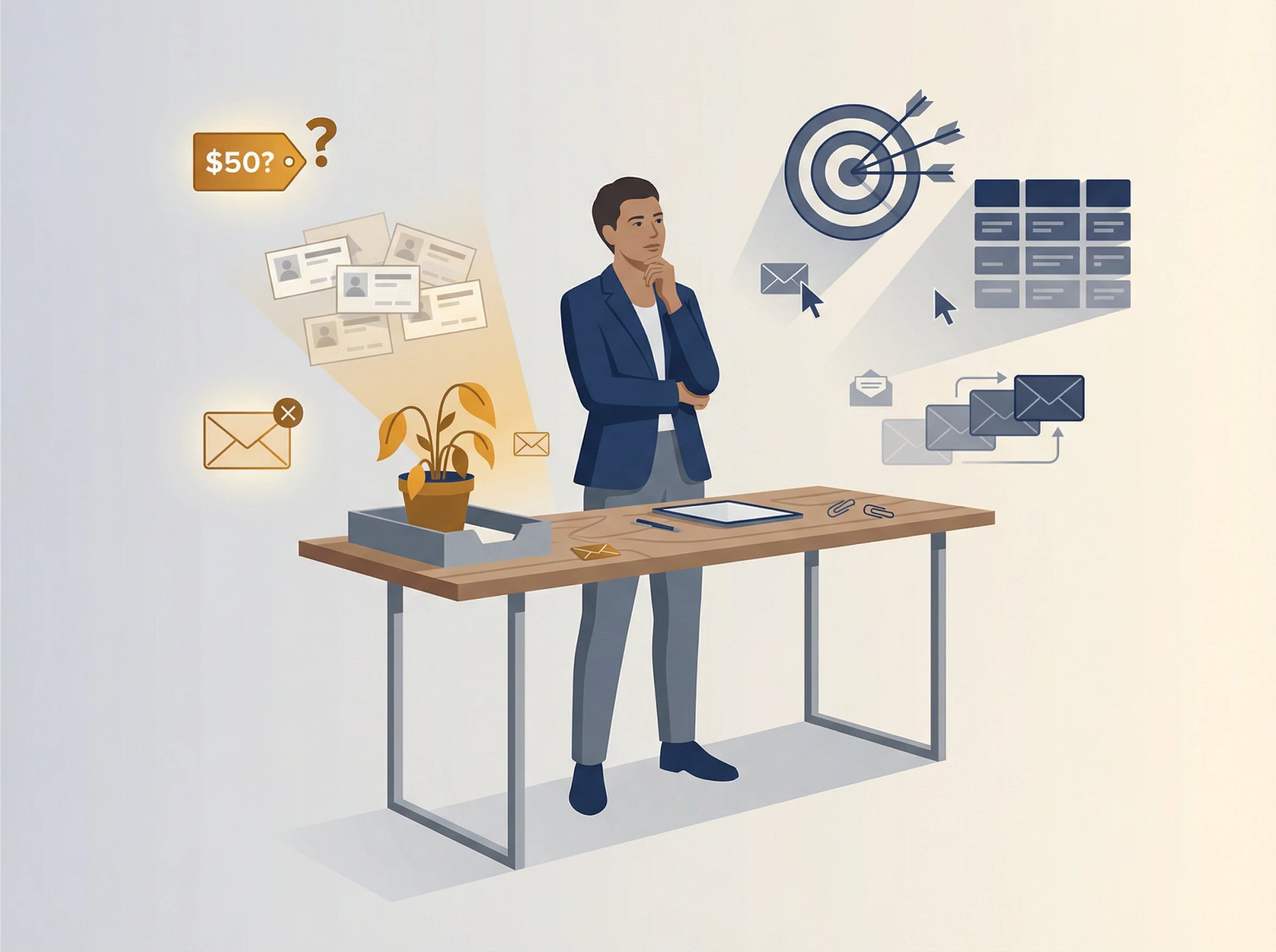 Business professional analyzing whether cold email fits their strategy with visual indicators of misaligned scenarios