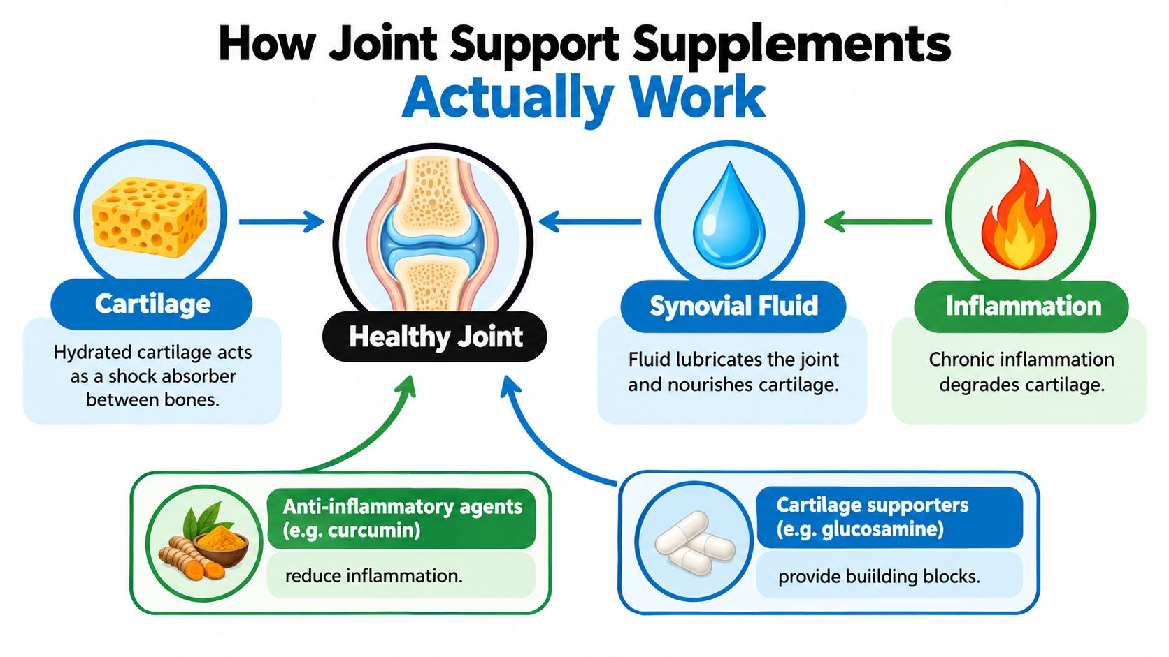 A diagram explaining how joint supplements support healthy joints by targeting cartilage, synovial fluid, and inflammation.