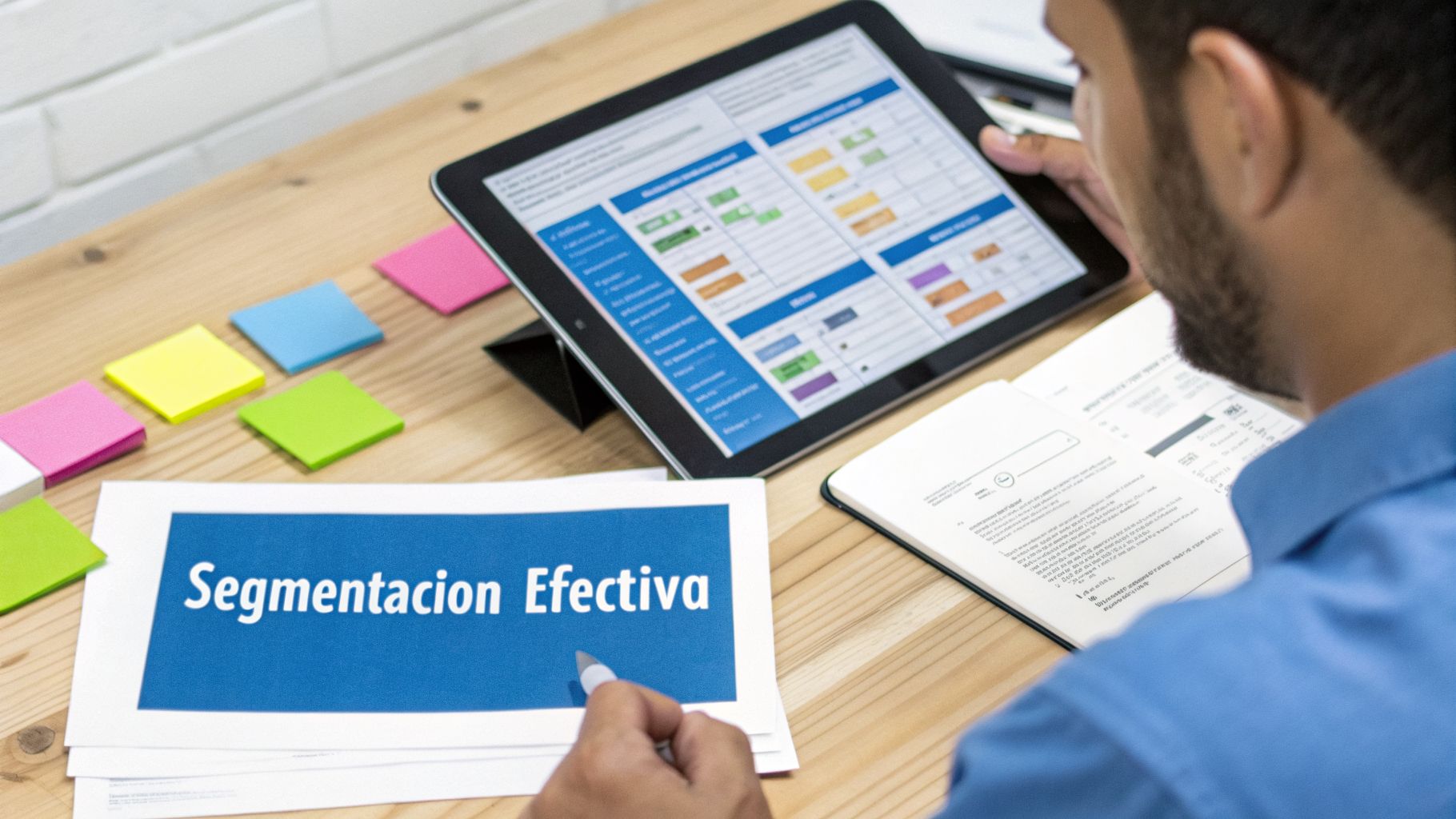 Hombre concentrado revisa tablet con gráficos y un documento sobre Segmentación Efectiva en un escritorio de madera.