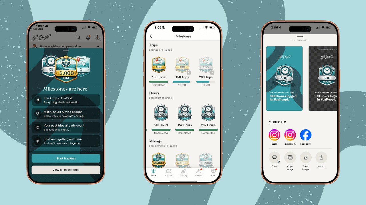SeaPeople Milestones feature introducing achievement badges for boaters