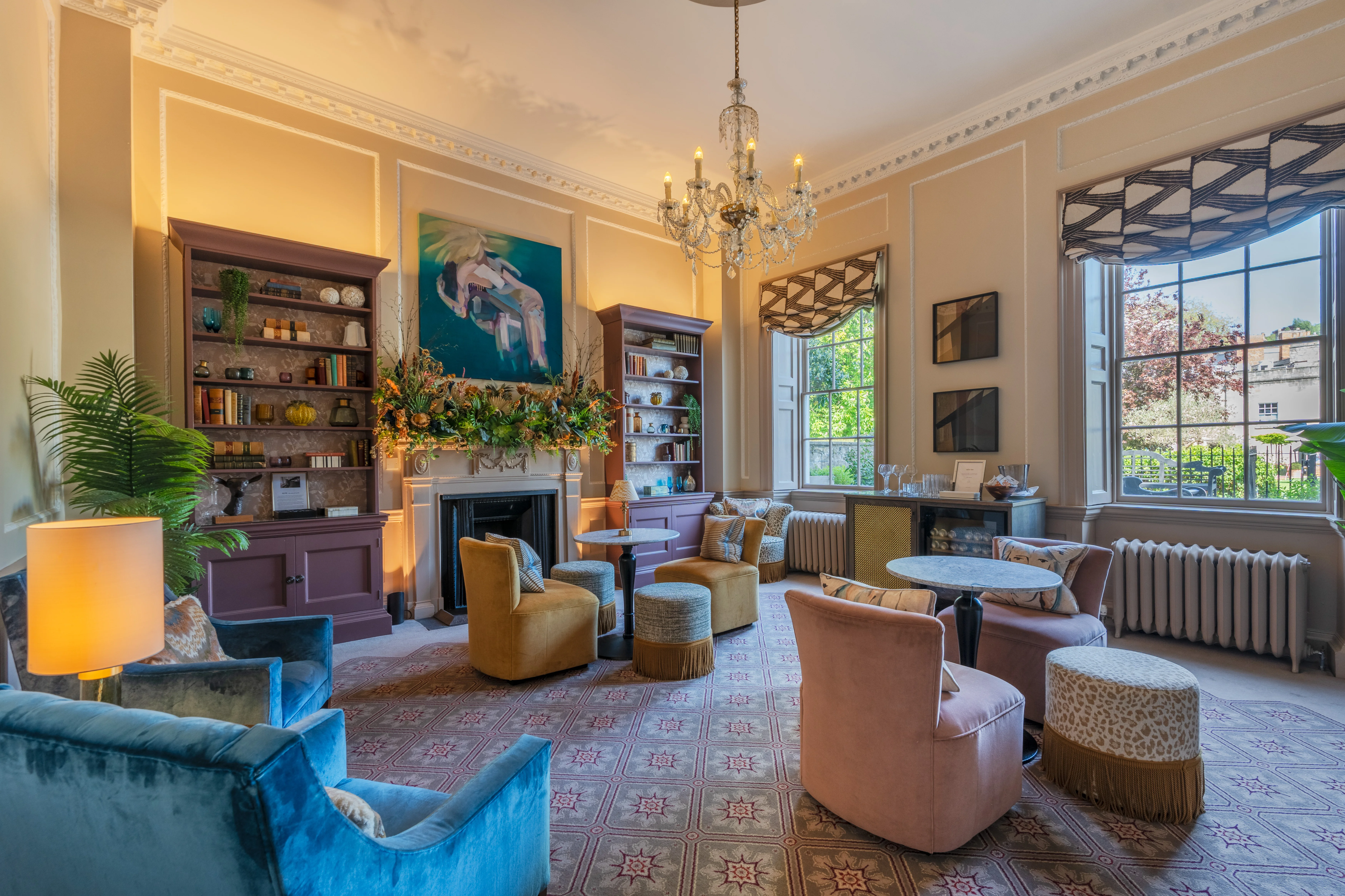 Elegant Georgian drawing room with fireplace and period details at Royal Crescent Hotel