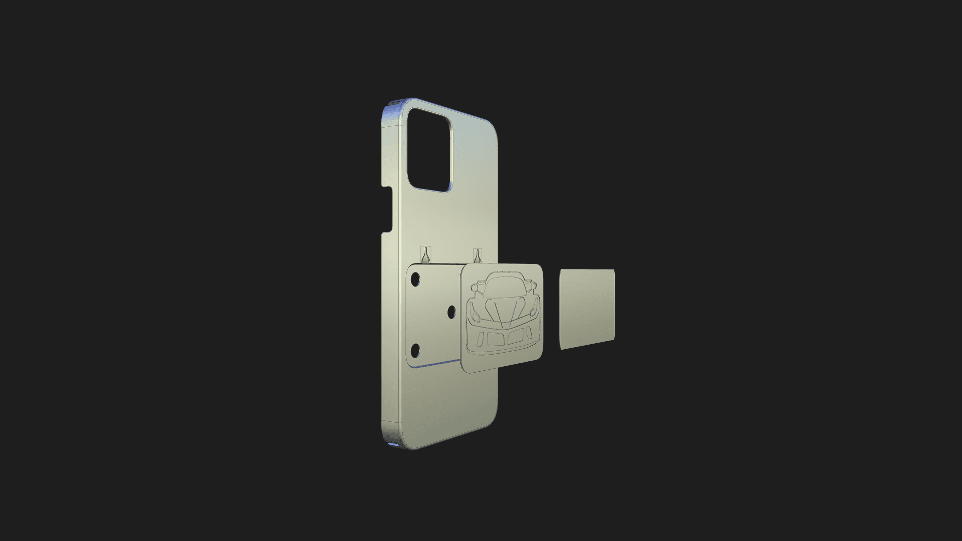 Exploded view in sky shader of Iphone 12 case with LA FERRARI design designed in Autodesk Alias and 3D printed by theCraftiqs | A Design Studio