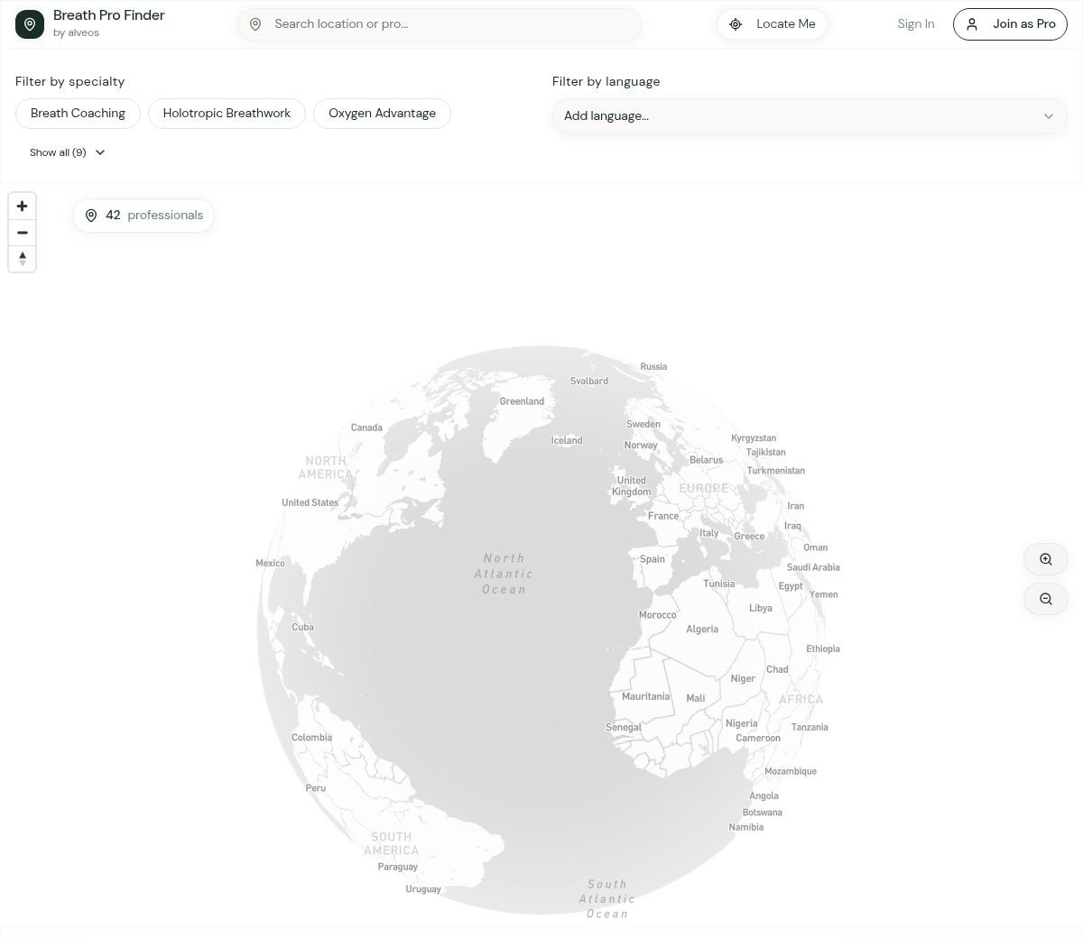 Alveos Breath Pro Finder homepage with a global map of breathing professionals