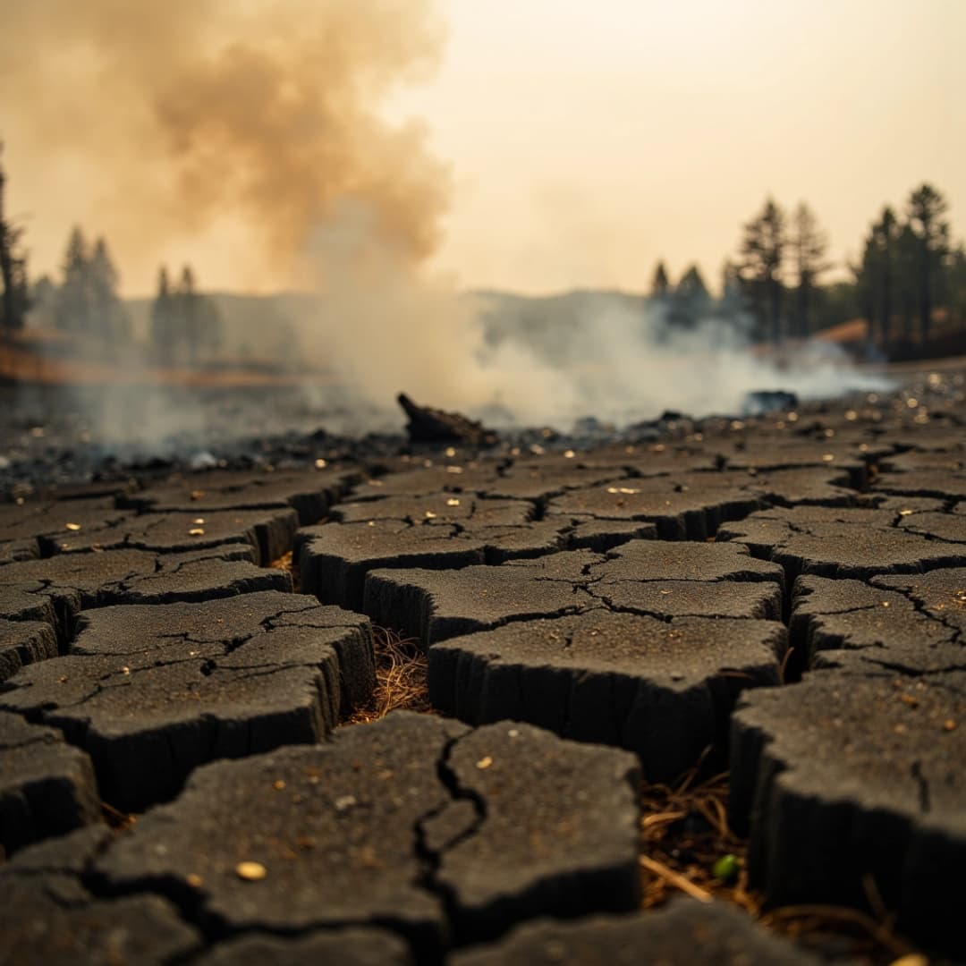 verbrannter boden, aus dem boden steigt qualm empor, der boden ist ganz verbrannt