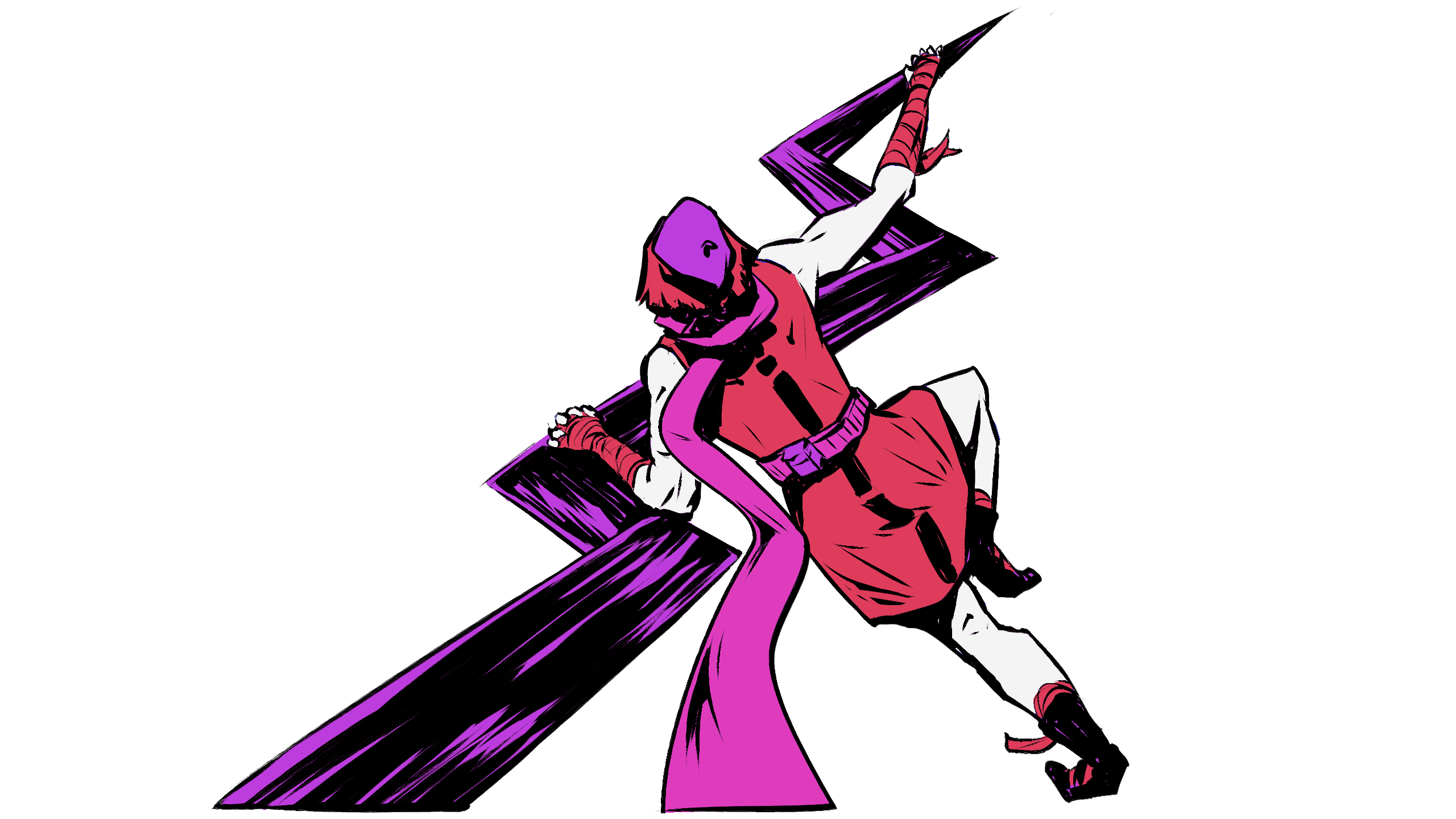 A stylized animated character with purple and red colors, featuring sharp, intricate designs and a fierce pose.