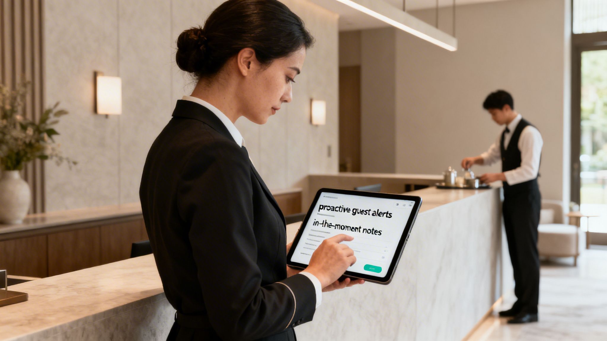 A hotel staff member uses a tablet displaying proactive guest alerts and notes in a modern lobby.