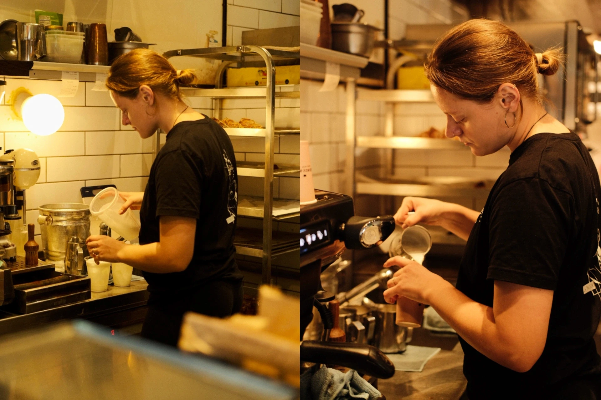 קומפוזיציה של שני צילומי אורך המציגים בריסטה בעבודה בבית קפה. התמונות לוכדות את תהליך הכנת הקפה והמזיגה באווירה חמה ואותנטית, מאת Shiriz Photography הצלמת שירי עציץ.