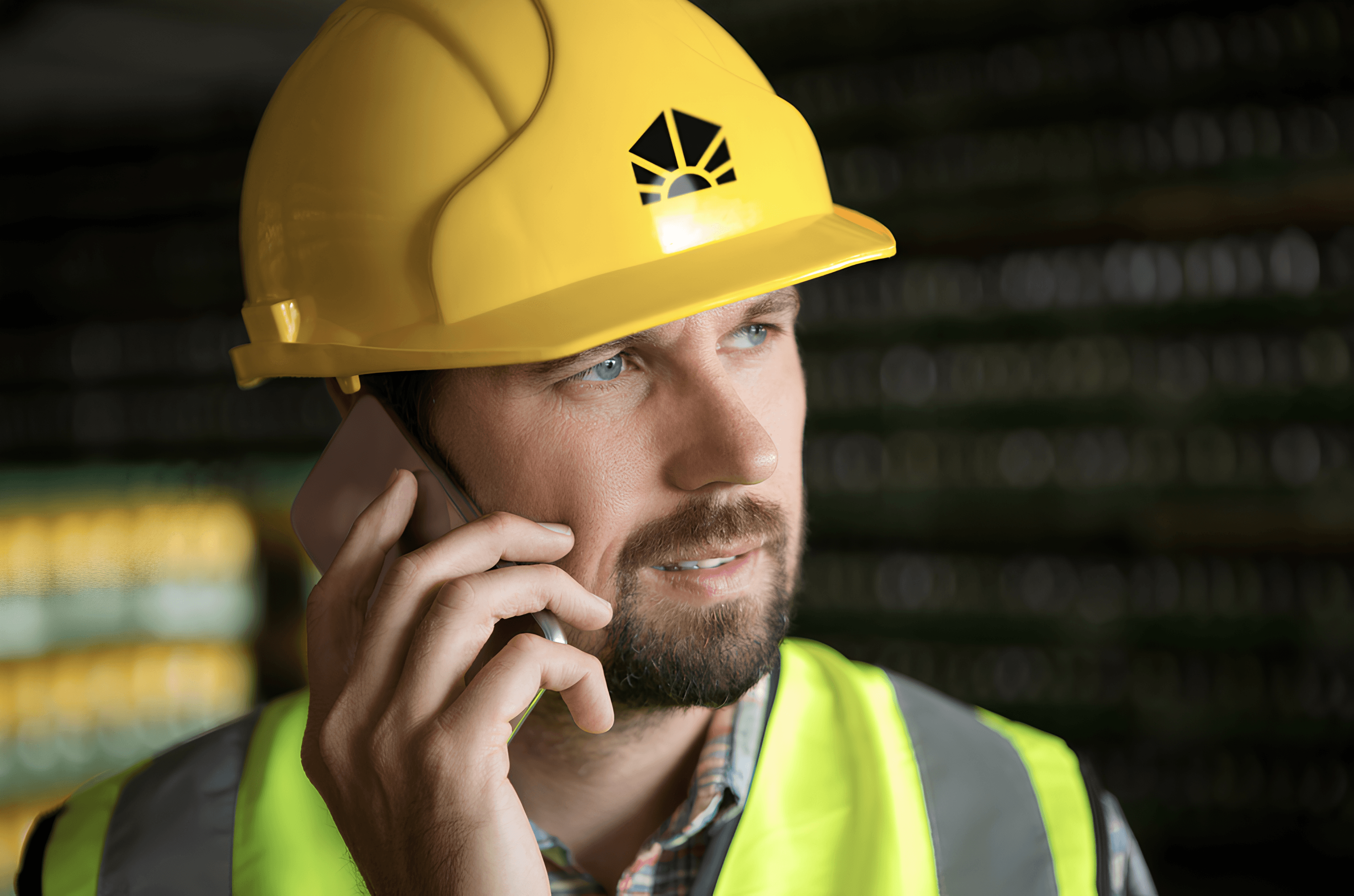 Mann mit gelbem Schutzhelm und Warnweste telefoniert.