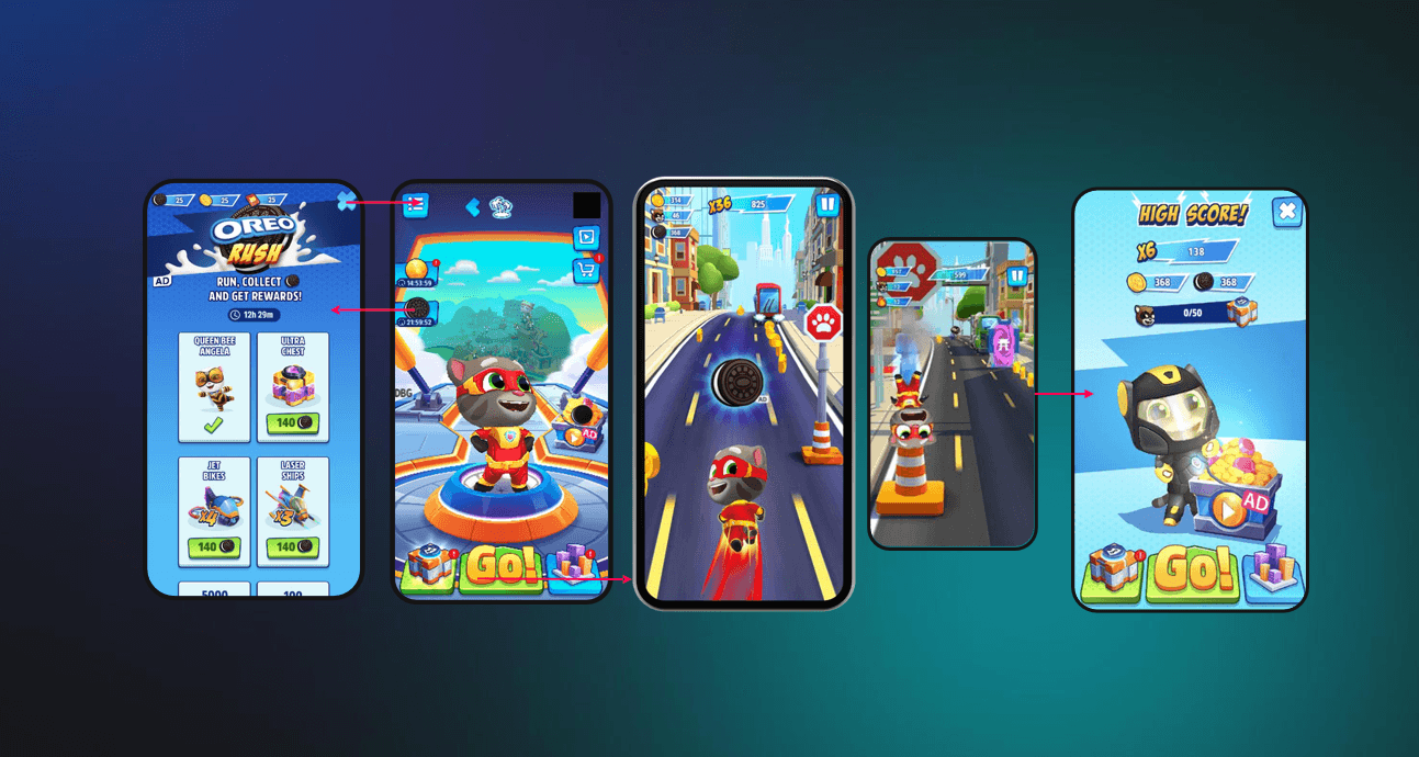 A collection of mobile gameplay screens showing players collecting branded tokens and exchanging them for rewards.
