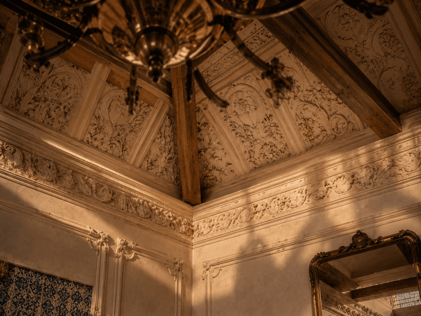 Architectural detail of the double-height ceiling in the Penthouse — exposed historic honey oak roof beams, elaborate restored ornamental plasterwork, and vintage brass and bronze chandelier.