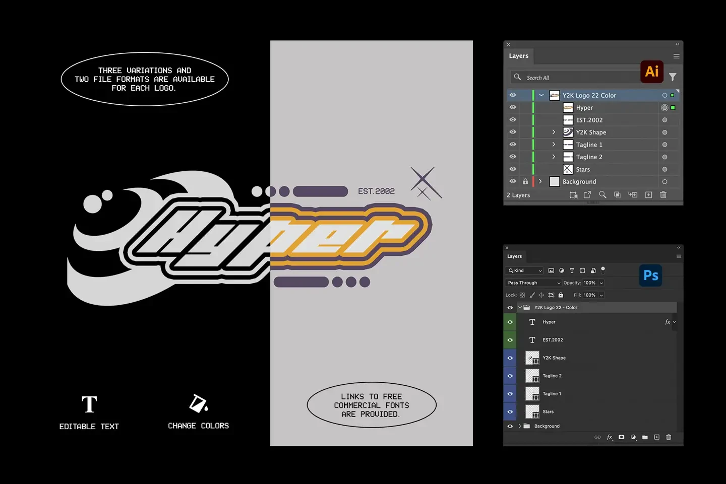 Fully editable layers of the Y2K logotype bundle shown in Adobe Illustrator and Photoshop interfaces