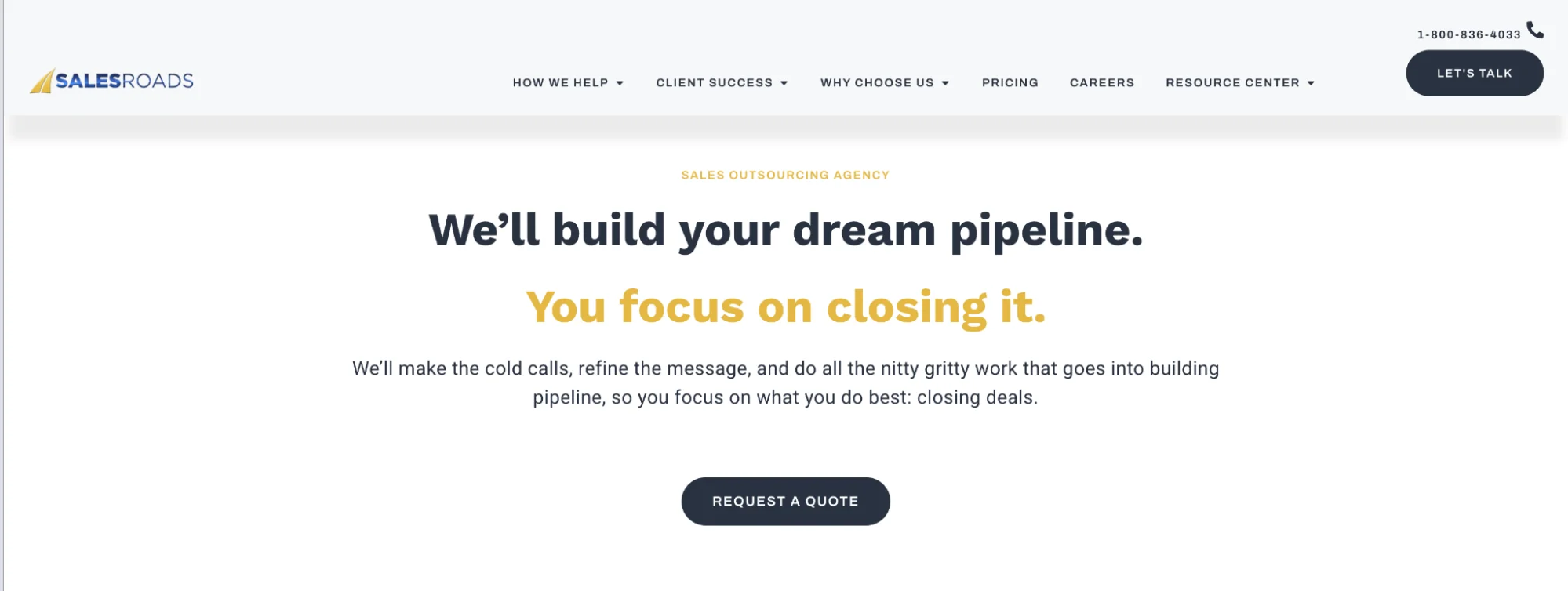 SalesRoads homepage: appointment setting and SDR outsourcing