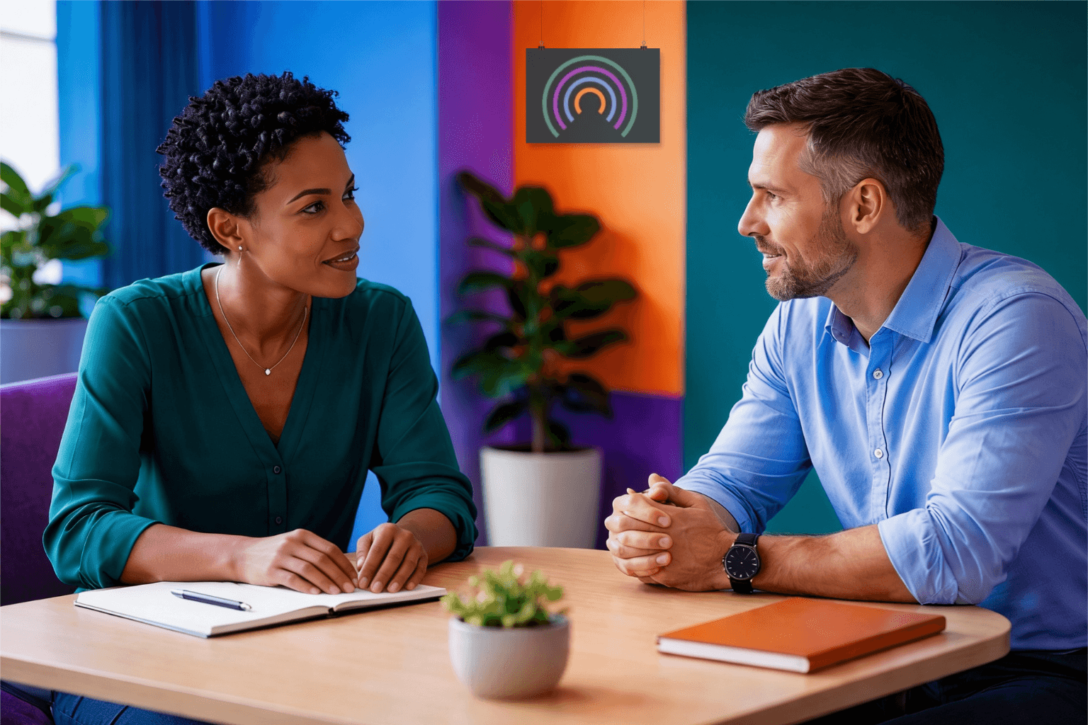 Two people seated at a table in a modern office, facing each other in focused conversation with notebooks on the table, suggesting a one-on-one discussion or problem-solving session.