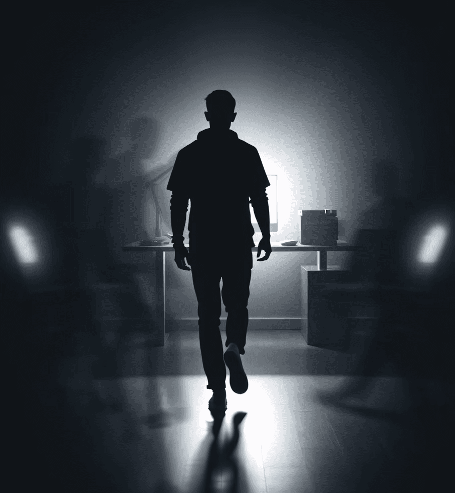 A man moving towards a light source with people around