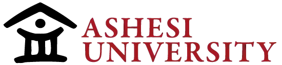 Ashesi University logo with a black and red emblem resembling a traditional African hut.