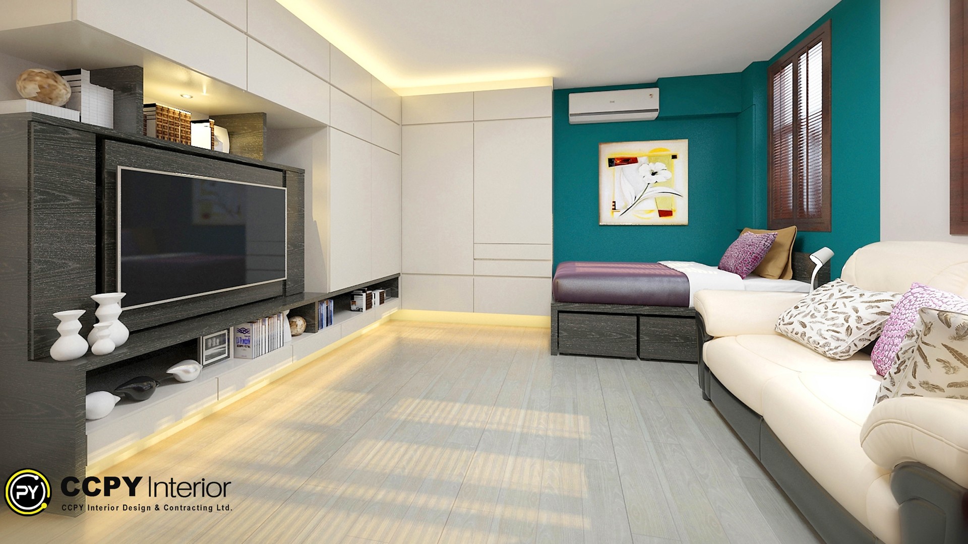 This image features an interior design project by CCPY Interior Design located in Hong Kong.Design Style: The room is styled as a modern European-type apartment, designed to fit into smaller Hong Kong spaces, such as those in the Tin Ma Court area.Storage Solutions: A key feature is the extensive use of built-in storage cabinets along the main wall, designed to maximize functional space.Color Palette: The design utilizes a contrasting color scheme, featuring a bold teal accent wall behind a platform bed, paired with neutral light wood flooring and off-white cabinetry.Furniture: The layout includes a customized platform bed with drawers for extra storage, alongside a comfortable sofa