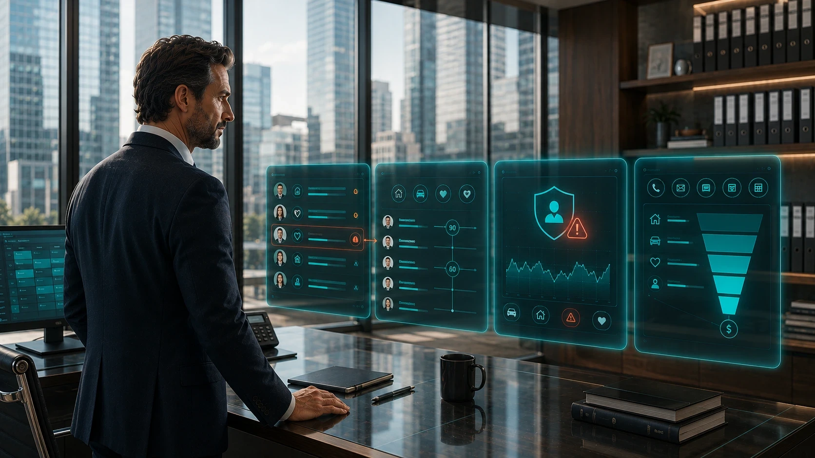 Insurance agency executive reviews AI-powered client management and risk analytics dashboards with holographic interfaces in a modern office overlooking a city skyline. The digital displays show customer profiles, policy workflows, fraud alerts, lead funnel metrics, and communication tools, illustrating AI automation for insurance sales, underwriting, customer service, and portfolio management.