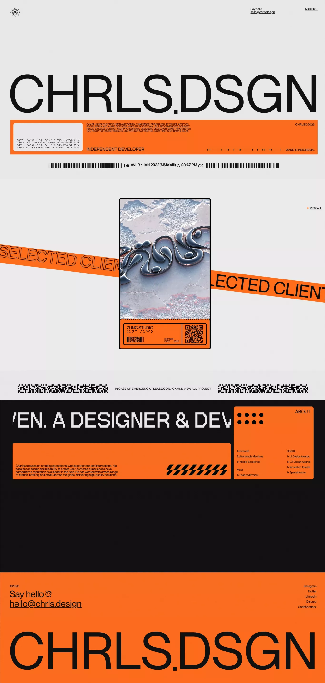 CHRLS.DSGN portfolio page screenshot showcasing Design and Tech design