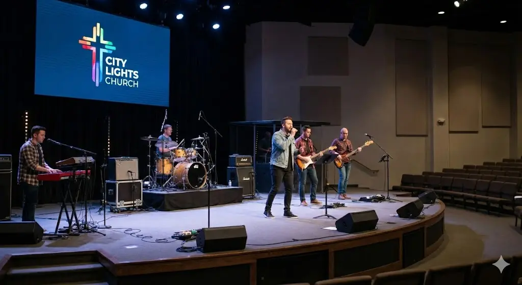 Banda de adoración tocando en el escenario con instrumentos y una pantalla que muestra el logo de la iglesia
