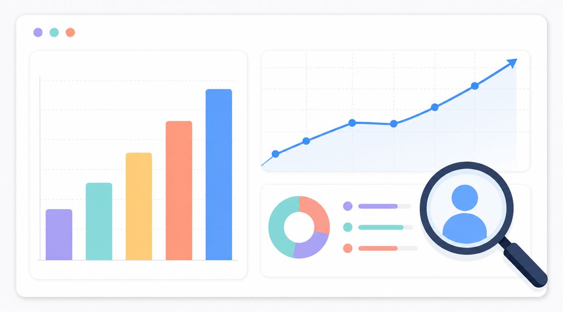 A digital dashboard showing bar charts, line graphs, a pie chart, and a magnifying glass icon.