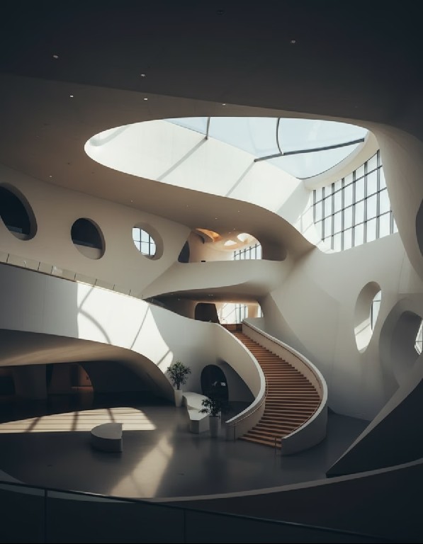 Fluid white corridor with biomorphic openings and soft diffused daylight
