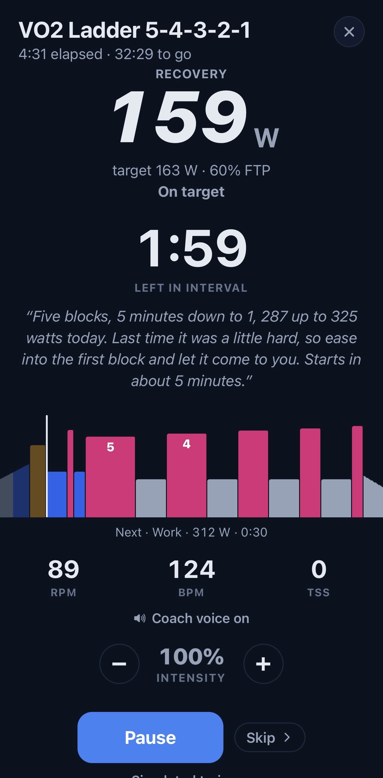 Coach's Call live workout screen with power target and coach guidance