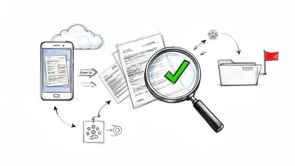 A sketch illustrating a digital document workflow: scanning with a phone, cloud transfer, verification, and filing.