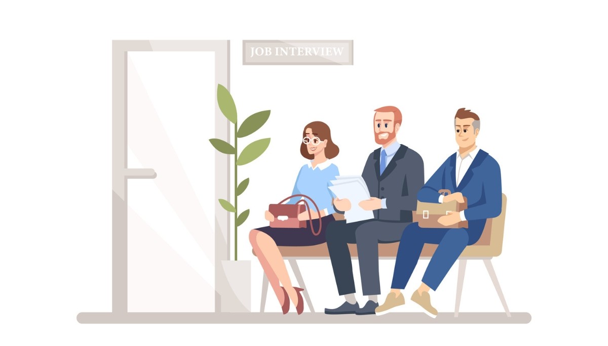 Illustration of job candidates waiting outside an interview room—representing preparation, anticipation, and expert strategies for landing the right role.