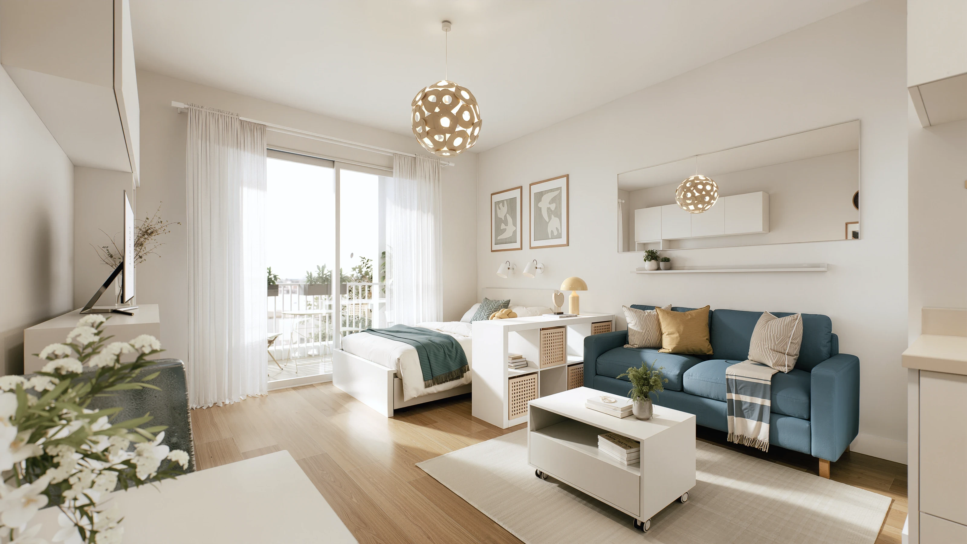 Modern studio apartment at Cocoon 121 featuring white quartz countertops, oak vinyl flooring, 9-foot ceilings, and premium finishes.